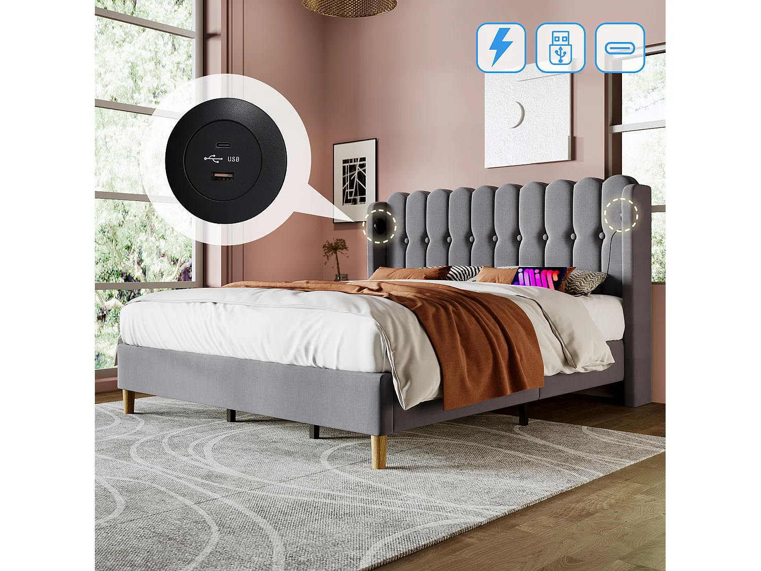 Łóżko tapicerowane dwuosobowe - 180 x 200 cm - z USB typu C + stelaż + zagłówek - len - szary 4993497 - obrazek 1