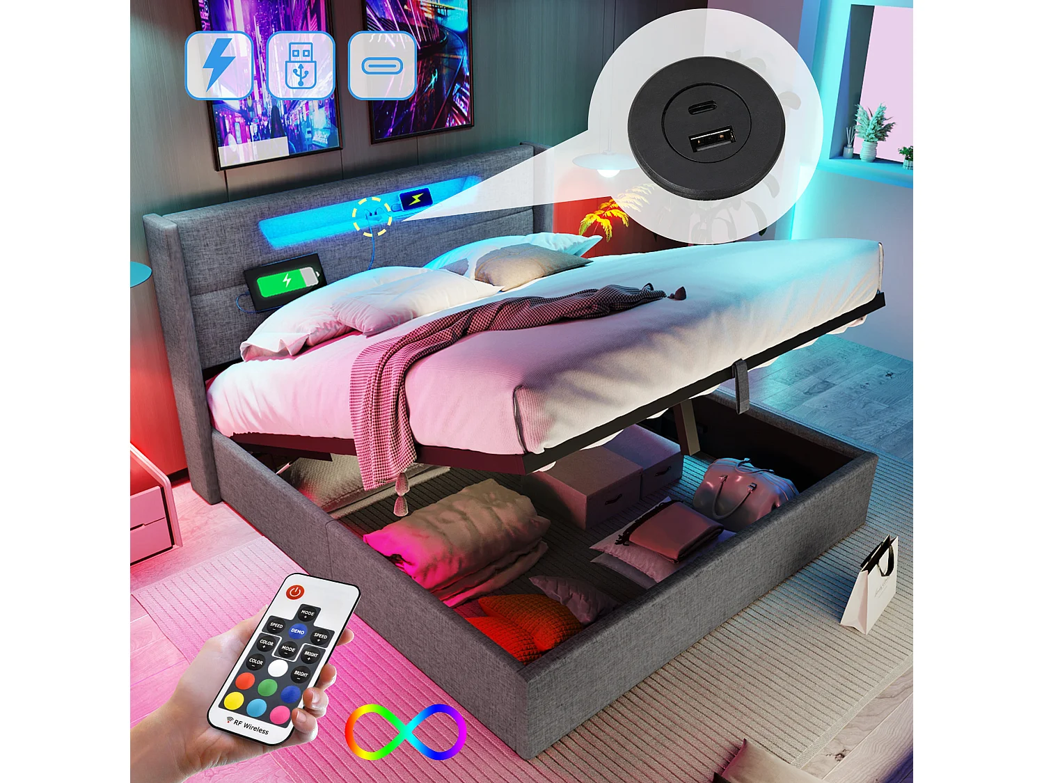 Łóżko tapicerowane z pojemnikiem - 160 x 200 cm - z diodami LED + USB typu C + zagłówek + stelaż - len - szary 4993554 - obrazek 1