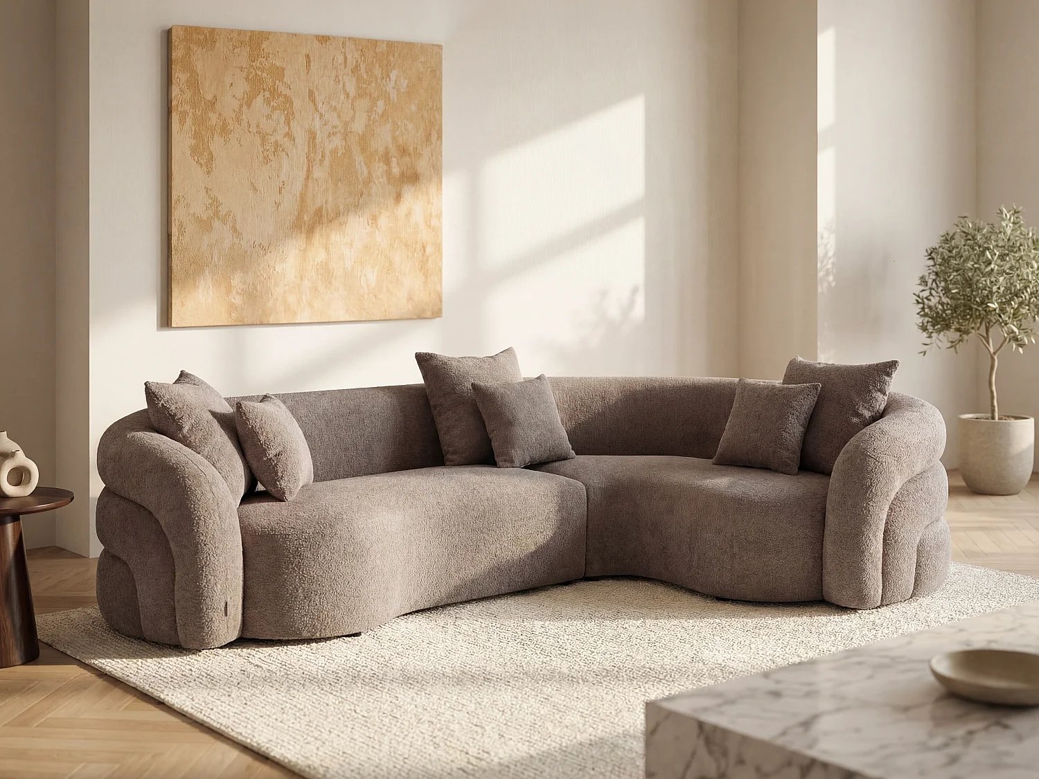 Kanapa narożna prawostronna z tkaniny z bukli w kolorze taupe LAPIOTAod Maison Céphy 4817470