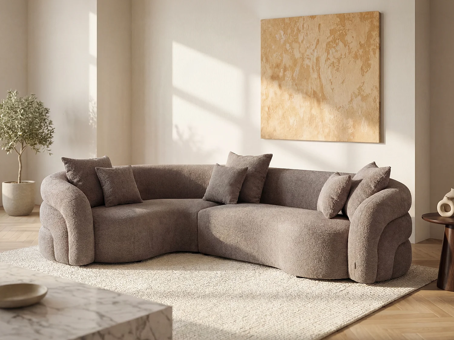Kanapa narożna lewostronna z tkaniny z bukli w kolorze taupe LAPIOTA marki Maison Céphy 4817472