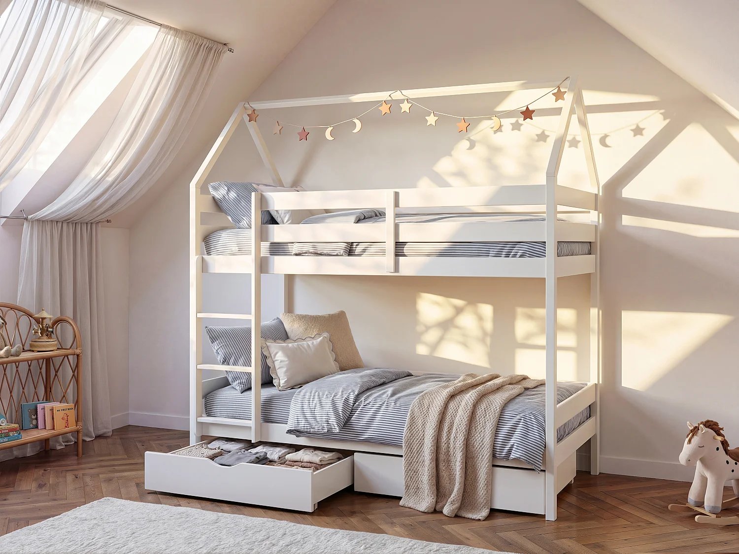 Łóżko piętrowe domek 2 x 90 x 190 cm – 2 szuflady – Drewno sosnowe – Białe + materac – CHORI 383271 - obrazek 1