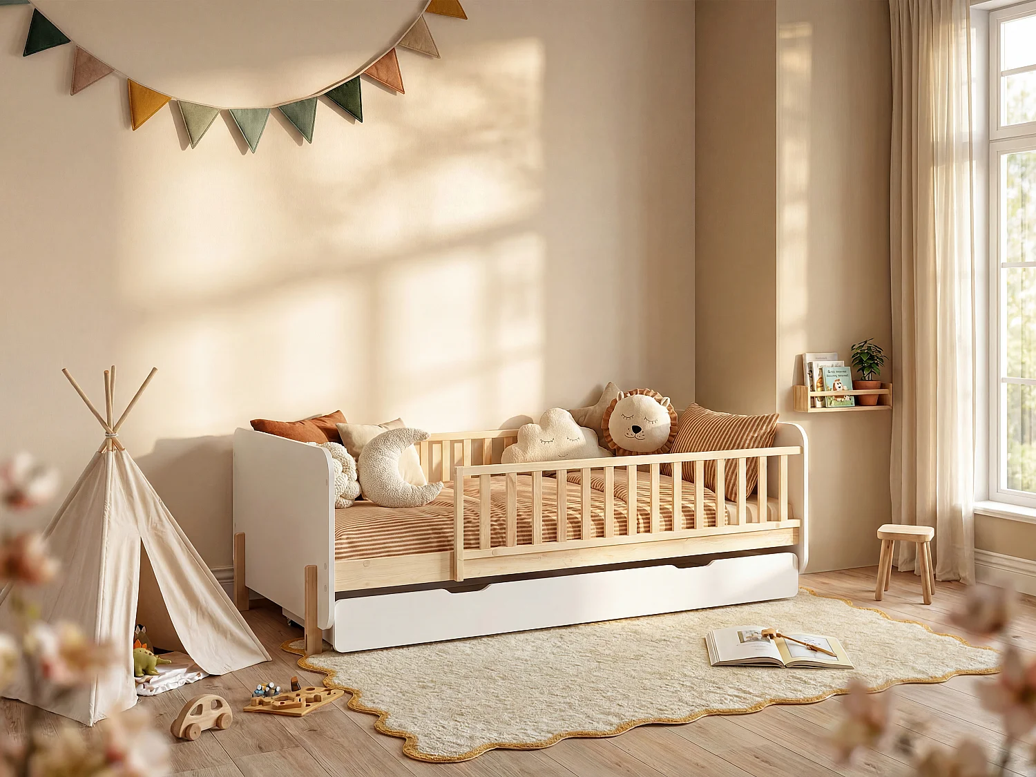 Łóżko 90 x 190 cm z szufladą – Sosna i MDF – Kolor: Naturalny i biały – LADEMI 4077059