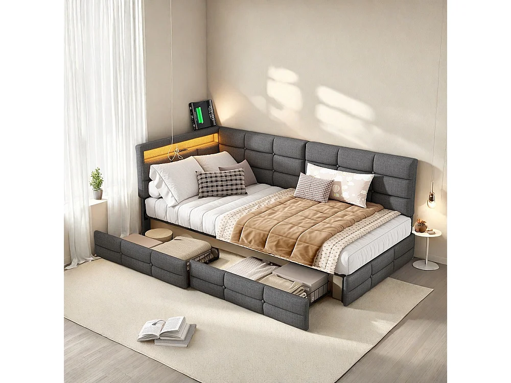 Łóżko w kształcie litery L – 90 x 200 cm – z 2 szufladami, światłami LED i funkcją ładowania – Szare 4996972