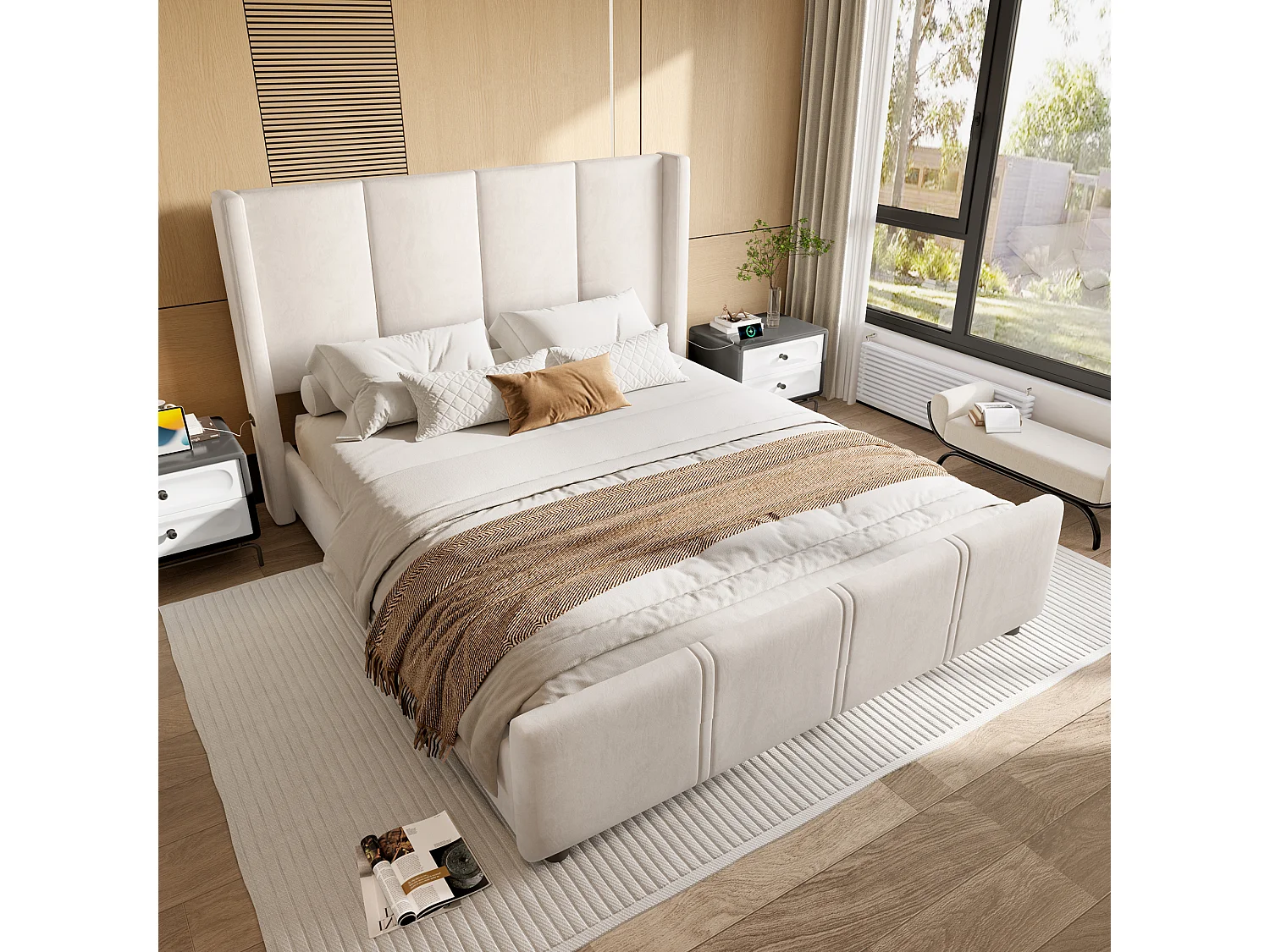 Łóżko podwójne 160x200 cm z wezgłowiem i stelażem listwowym, port USB - beżowy welur (bez materaca) 4699284 - obrazek 1