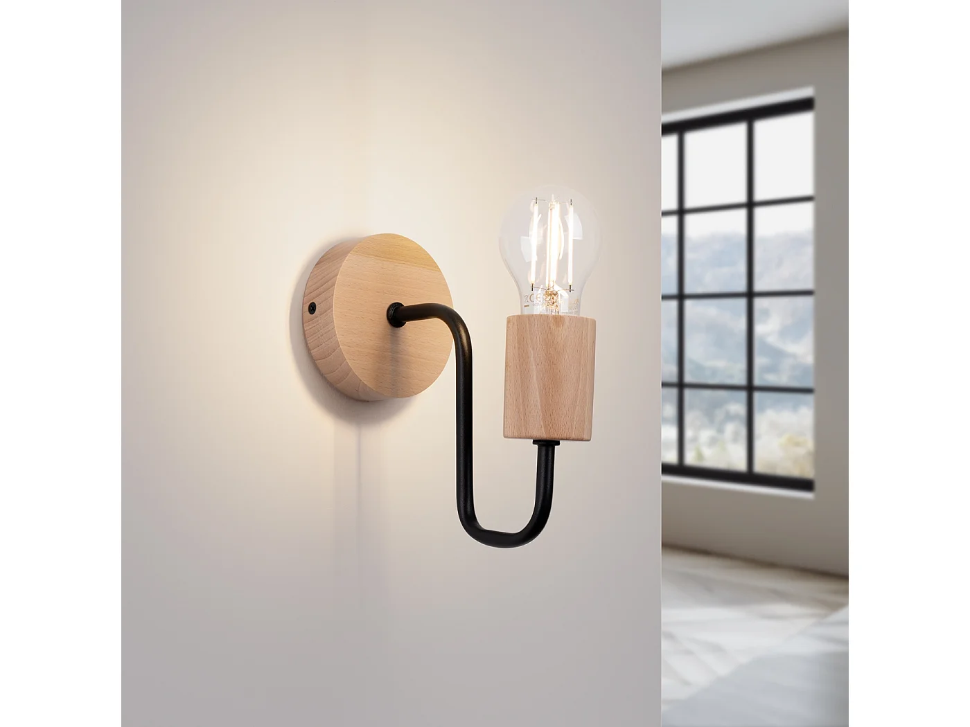 Lampa ścienna loft Zimbo, stal/drewno - 1 źródło światła 3000K - L.8 x H.18.5 cm - czarny/naturalne drewno 4752342 - obrazek 1