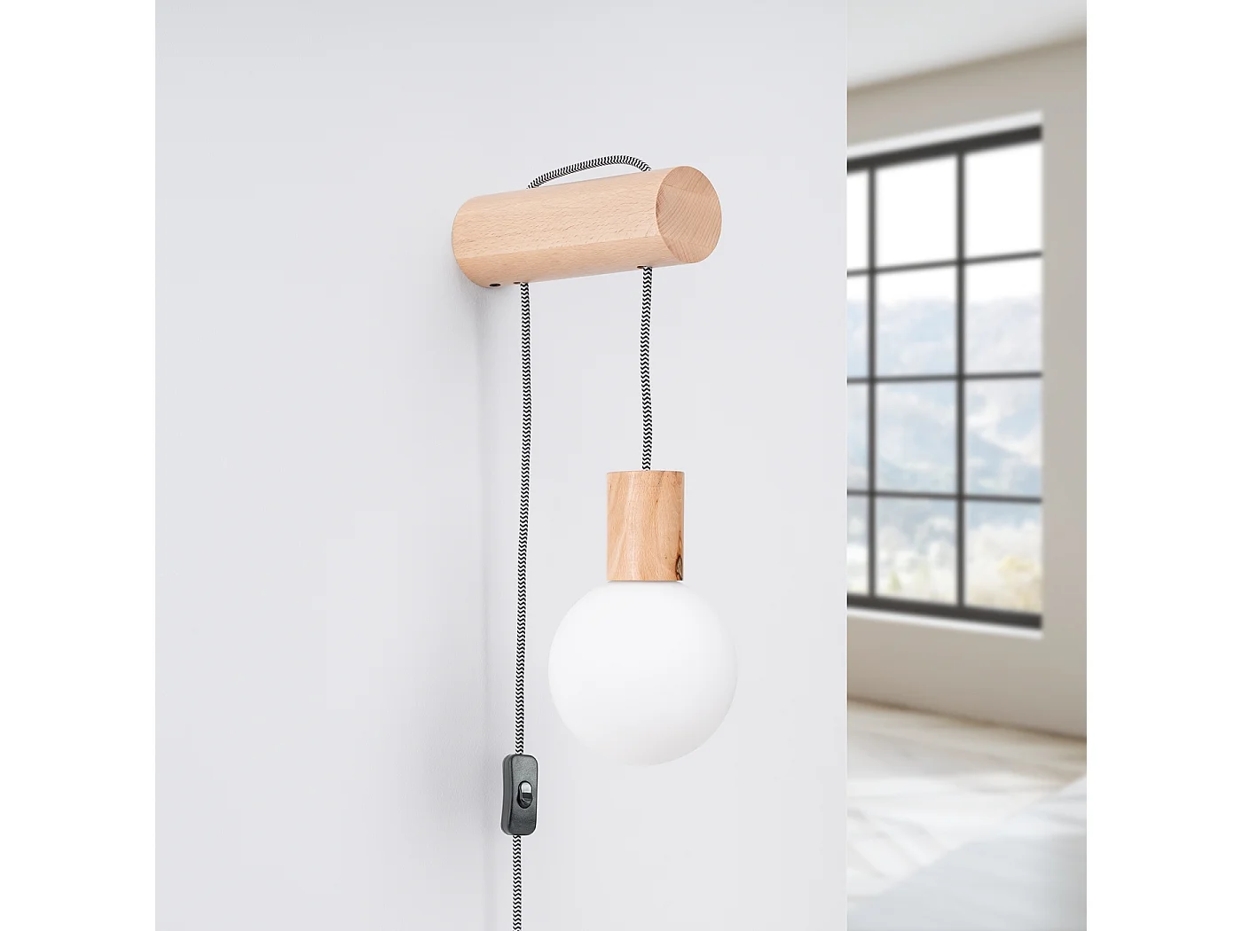 Lampa ścienna loft Zynto, drewno/szkło - 1 źródło światła 4000K - L.6 x H.67 cm - naturalne drewno/biały/czarny 4752207 - obrazek 1