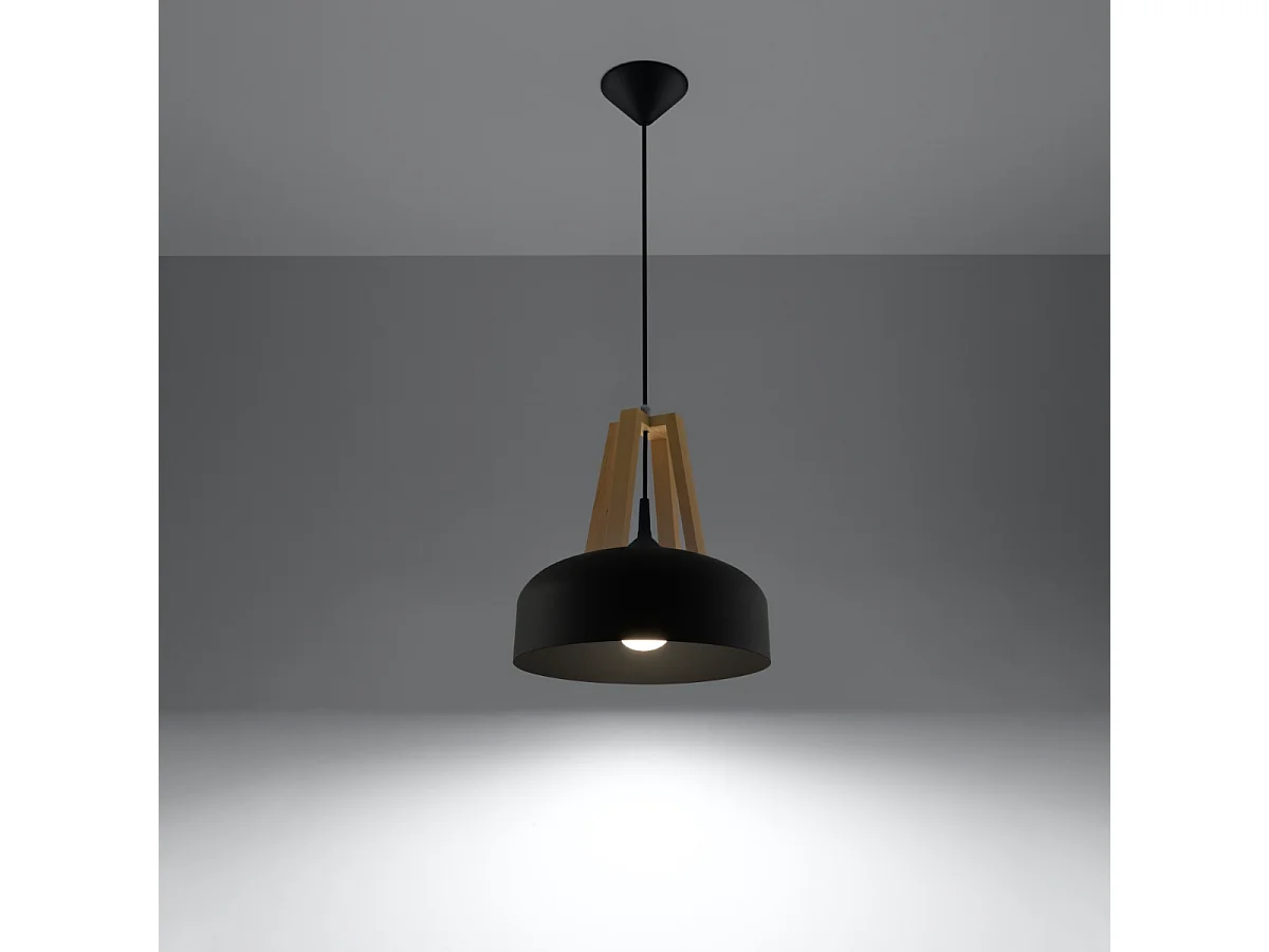 Lampy wiszące nowoczesny Solivo, stal/drewno - 1 źródło światła 3000K - L.30 x H.85 cm - czarny/naturalne drewno 4752776 - obrazek 1
