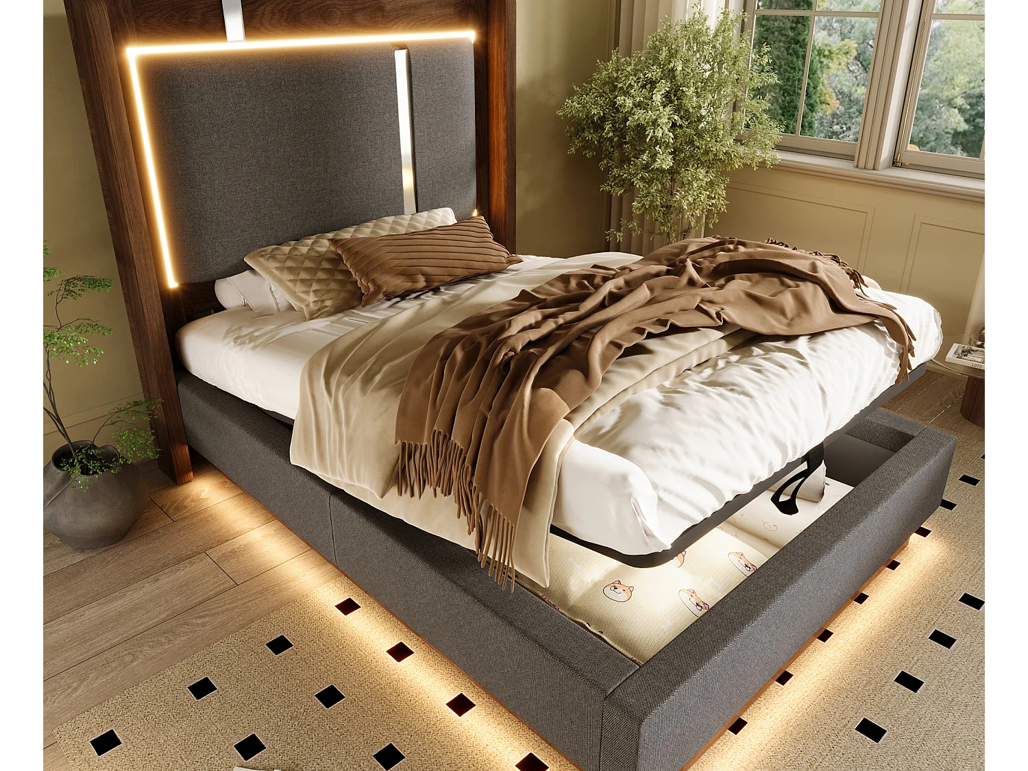 Łóżko tapicerowane z pojemnikiem 90x200 cm - z lampkami LED - z stelażem listewkowym - tkanina lniana - szare i drewno orzechowe (bez materaca) 5006630 - obrazek 1