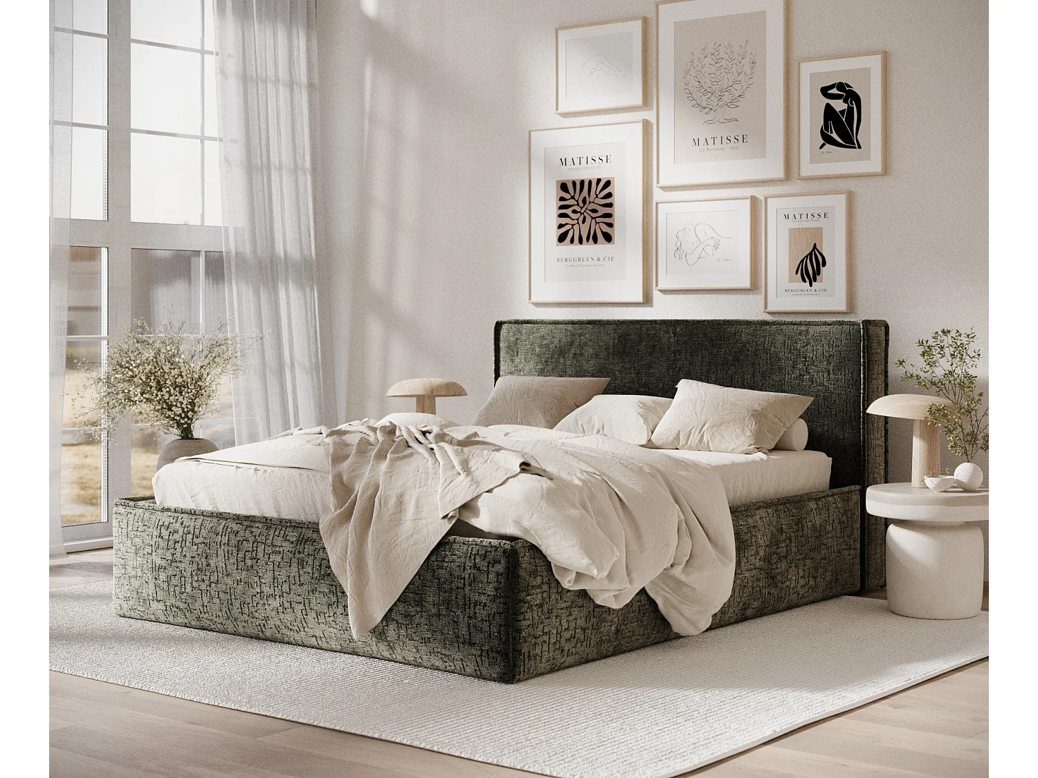 Łóżko tapicerowane z zagłówkiem - 180x200 cm - oliwkowy - LOUNGE 3793235 - obrazek 1