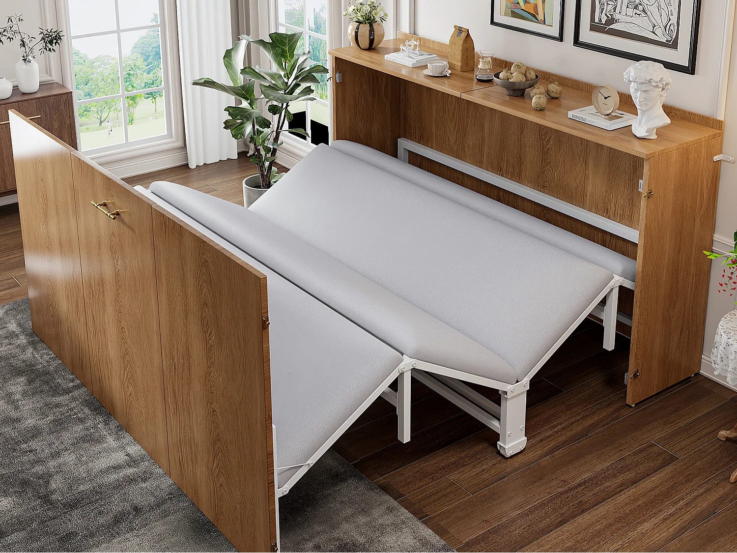 Łóżko składane 140 x 200 cm – wysuwana ścienna rama łóżka – materac lniany w zestawie – konstrukcja metalowa – Naturalne (materac nie jest dołączony) 5006717