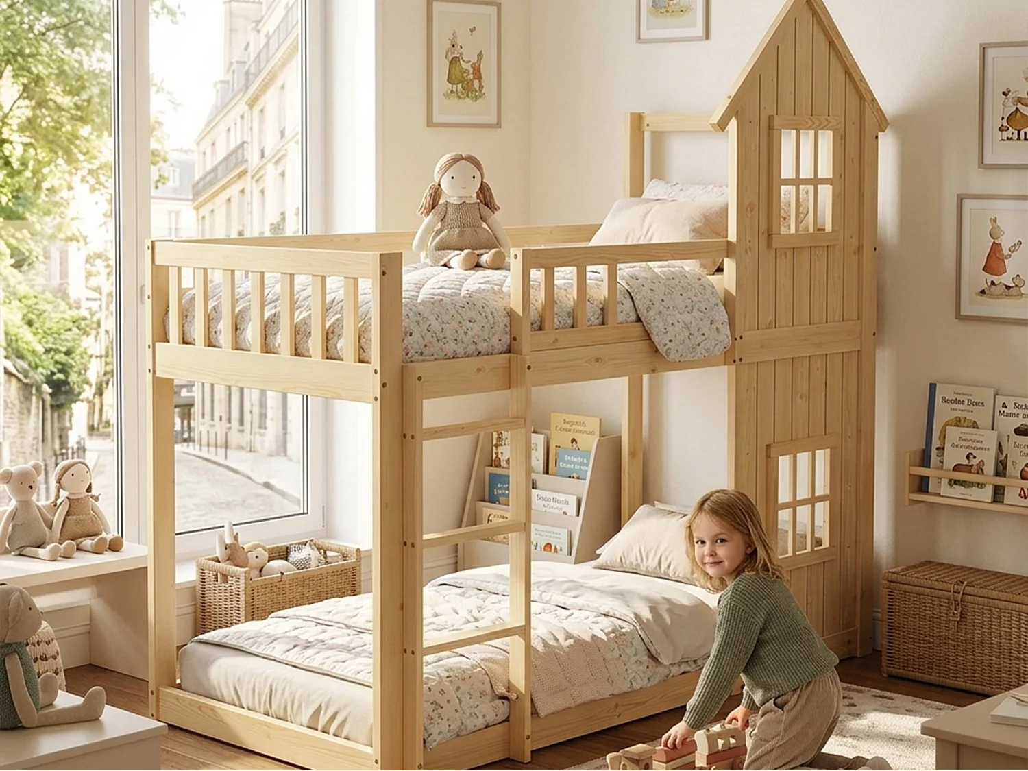 Łóżko piętrowe dziecięce 90x200 cm - Z barierką i drabinką - Z oknami - Drewno lite + MDF - Naturalny (bez materaca) 5006722 - obrazek 1