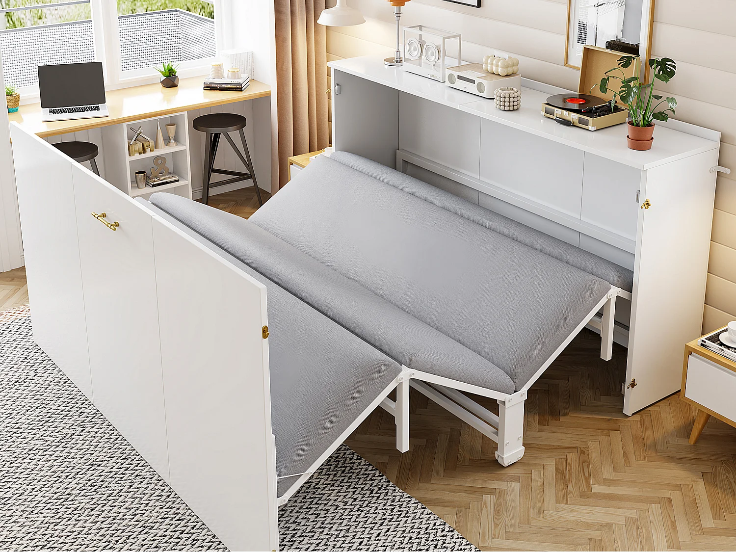 Łóżko składane 140 x 200 cm – wysuwana ścienna rama łóżka – materac lniany w zestawie – konstrukcja metalowa – Białe (materac nie jest dołączony) 5006724