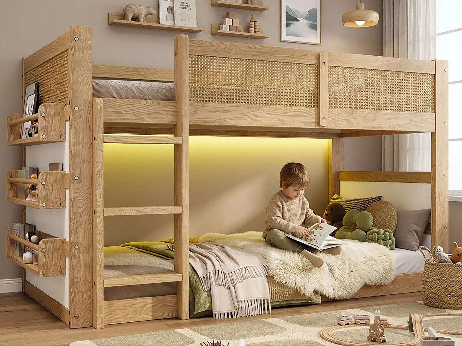 Łóżko piętrowe dla dzieci 90x200 cm - z lampkami LED - z miejscem do przechowywania - dekoracje z rattanu - drewno lite + MDF - naturalny (bez materaca) 5006741 - obrazek 1