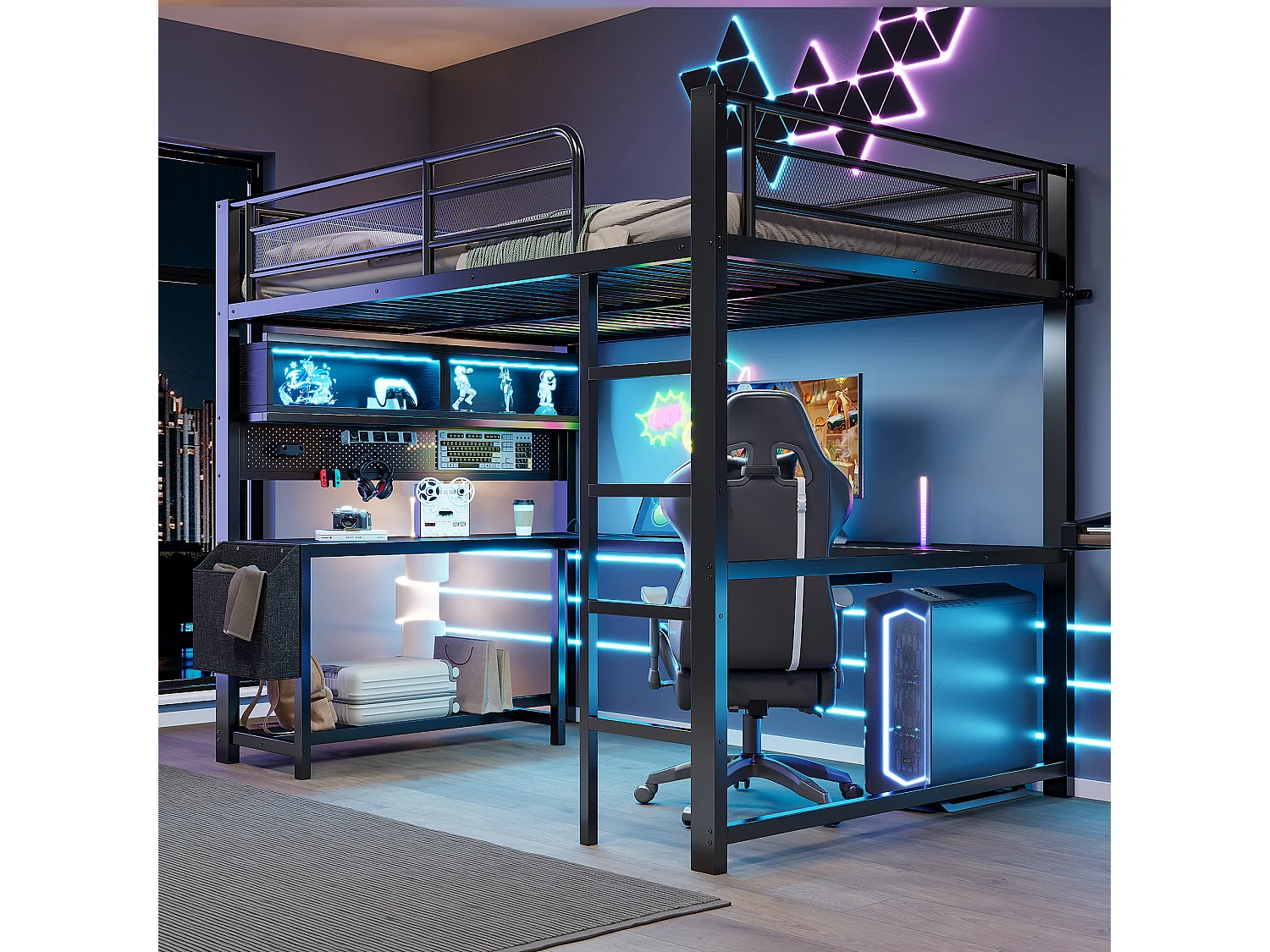 Łóżko piętrowe metalowe 140x200 cm - Z biurkiem i schowkami - LED i port ładowania - Biały 5006827 - obrazek 1
