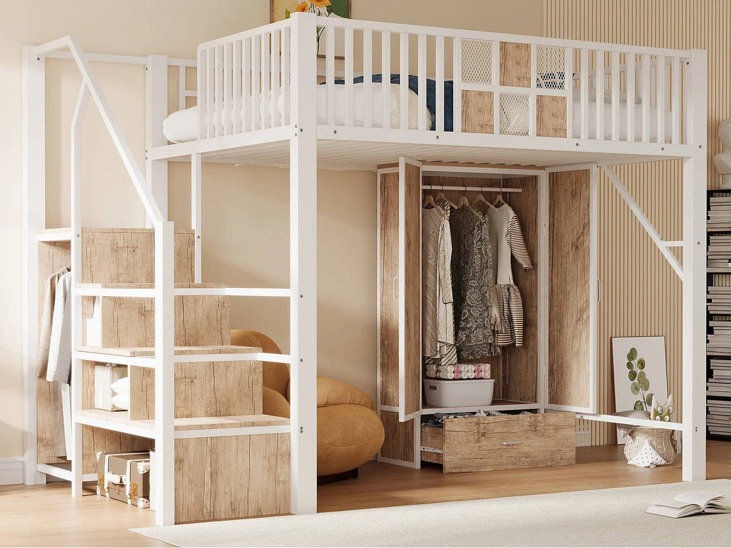 Łóżko piętrowe metalowe 140x200 cm - Z barierkami bezpieczeństwa - Z szafą - Z 1 szufladą + drabinka z półkami - Biały (bez materaca) 5006830 - obrazek 1