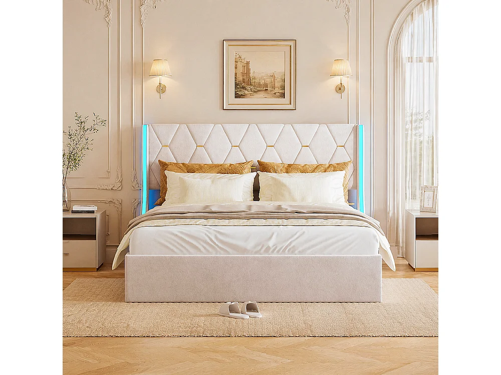 Łóżko Skrzyniowe Podwójne 140x190 cm w Beżowym Aksamicie z Podświetlanym RGB LED Zagłówkiem i Wbudowanym Schowkiem, Styl Współczesny 4866893 - obrazek 1