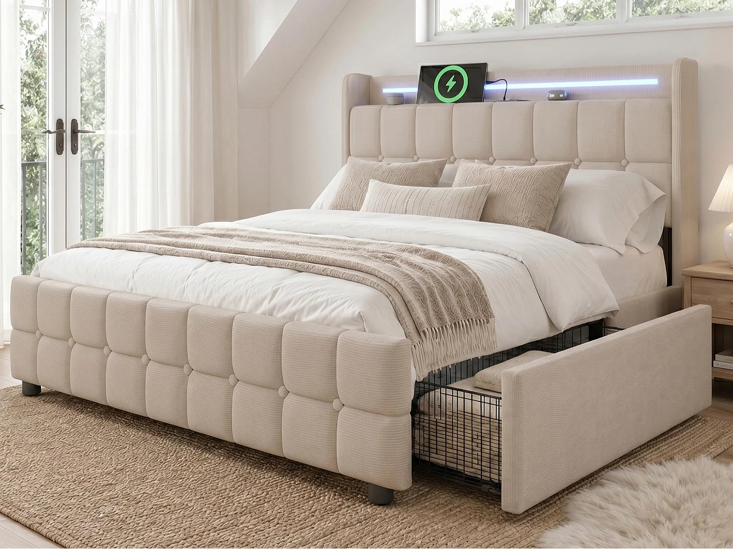 Łóżko tapicerowane 140x200cm z lnu - z LED i portami ładowania USB - 2 szuflady - Beżowe 1551585 - obrazek 1