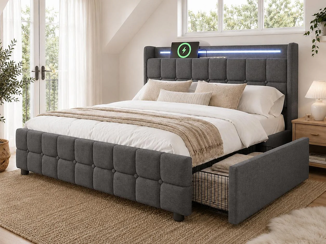 Łóżko tapicerowane 180x200cm z lnu - z LED i portami ładowania USB - 2 szuflady - Szare 1551577 - obrazek 1
