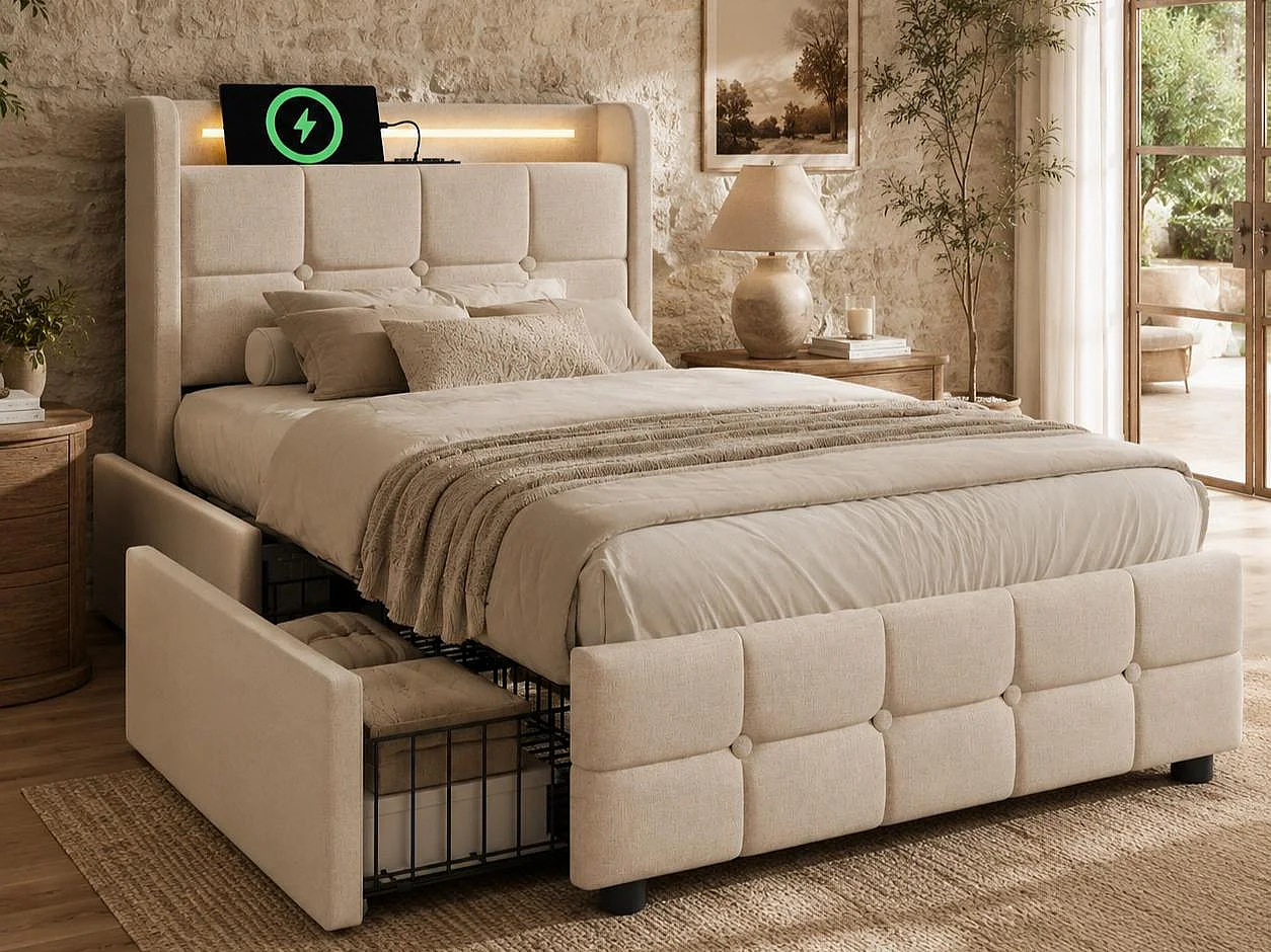 Łóżko tapicerowane 90x200cm z lnu - z LED i portami ładowania USB - 2 szuflady - Beżowe 1551583 - obrazek 1