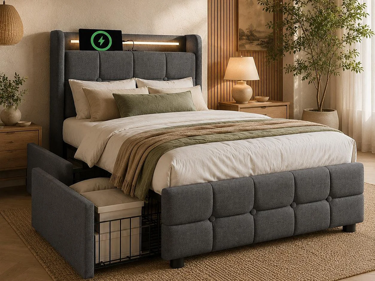 Łóżko tapicerowane 90x200cm z lnu - z LED i portami ładowania USB - 2 szuflady - Szare 1551579 - obrazek 1