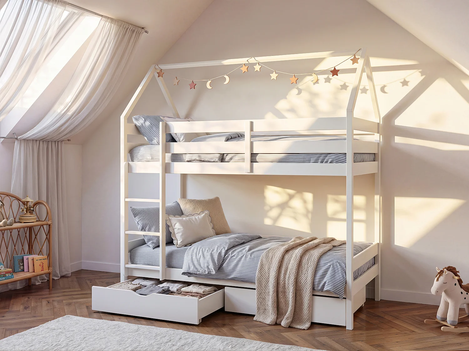 Łóżko piętrowe domek 2 x 90 x 190 cm – 2 szuflady – Drewno sosnowe – Białe – CHORI 131219 - obrazek 1