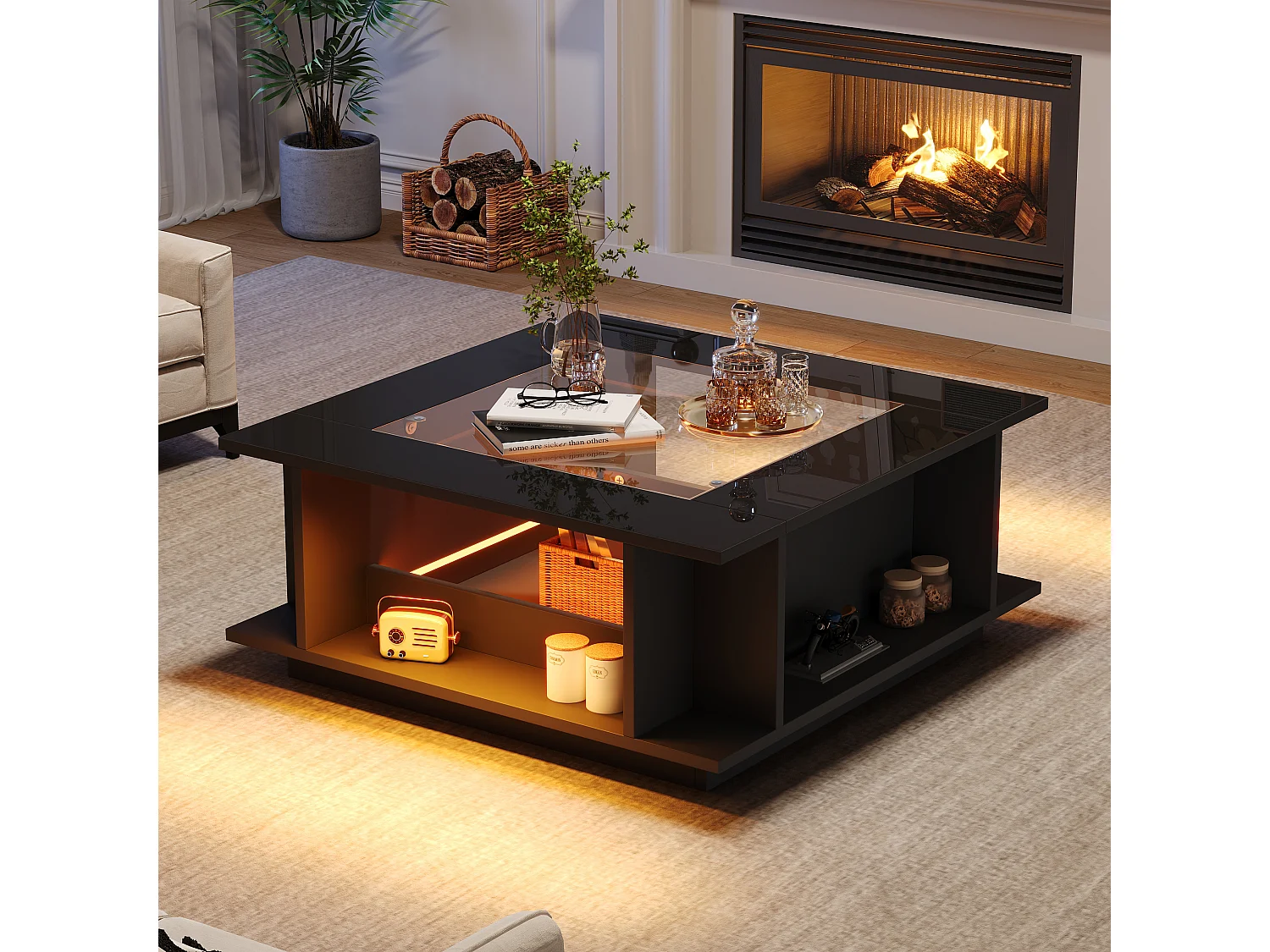 Kwadratowy stolik kawowy 70x70x30 cm – oświetlenie LED – szklany blat – wysoki połysk – płyta wiórowa – czarny 5015561