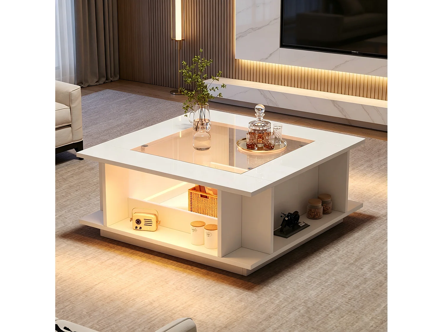 Kwadratowy stolik kawowy 70x70x30 cm – oświetlenie LED – szklany blat – wysoki połysk – płyta wiórowa – biały 5015581
