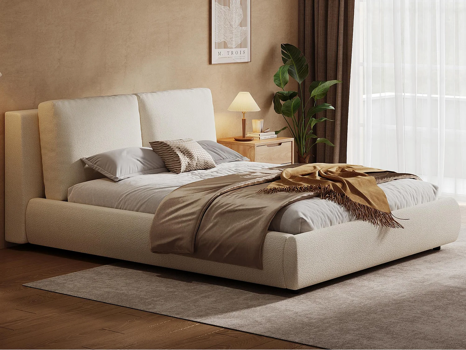 Łóżko podwójne tapicerowane 180x200 cm - z stelażem na listwach i pikowanym zagłówkiem - tkanina boucle - beżowy (bez materaca) 5015591 - obrazek 1