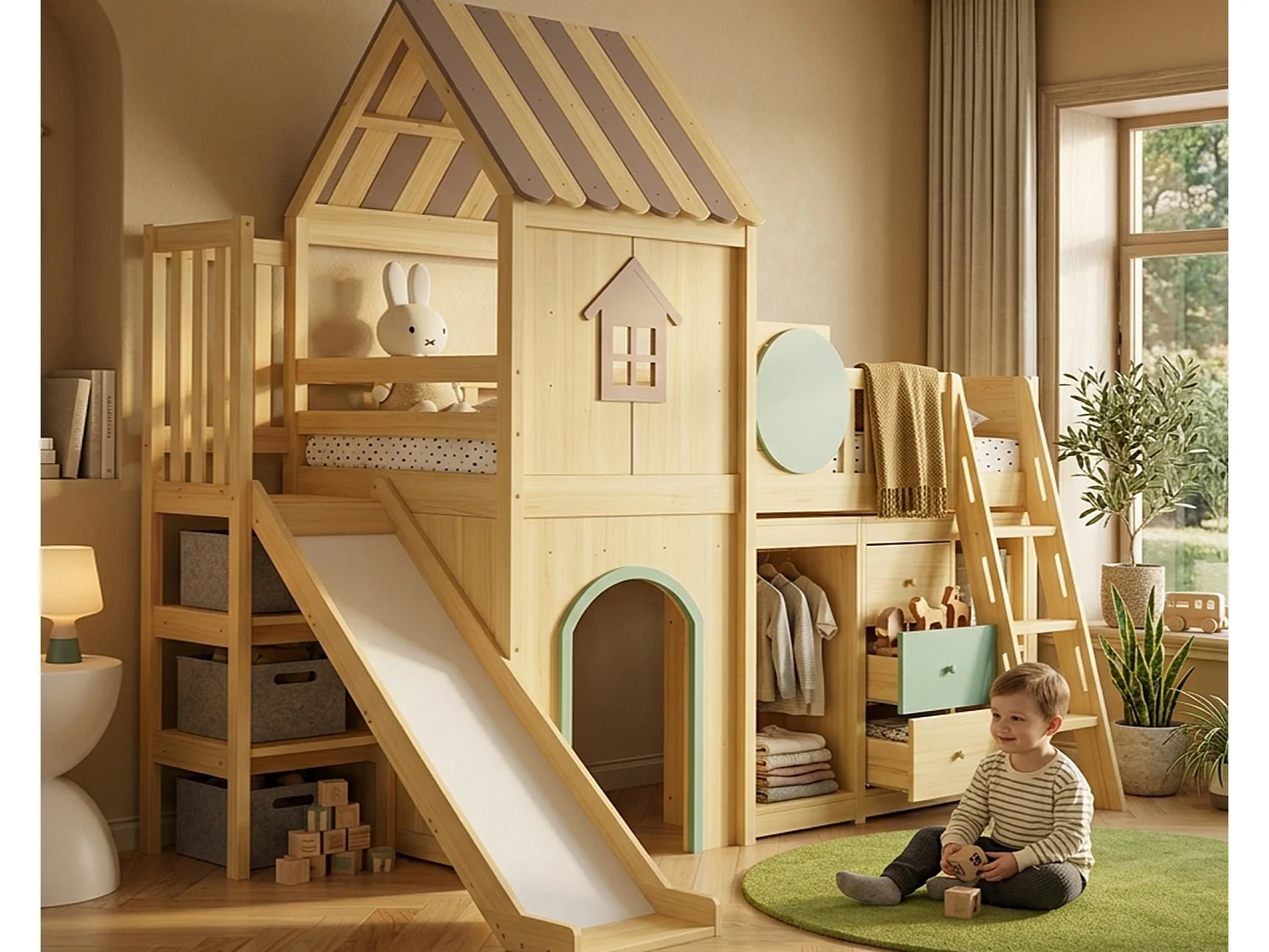 Łóżko piętrowe dziecięce 90x200 cm - ze zjeżdżalnią i drabinką - z szufladami i szafą - design domku - lite drewno + MDF - naturalny (bez materaca) 5015658 - obrazek 1