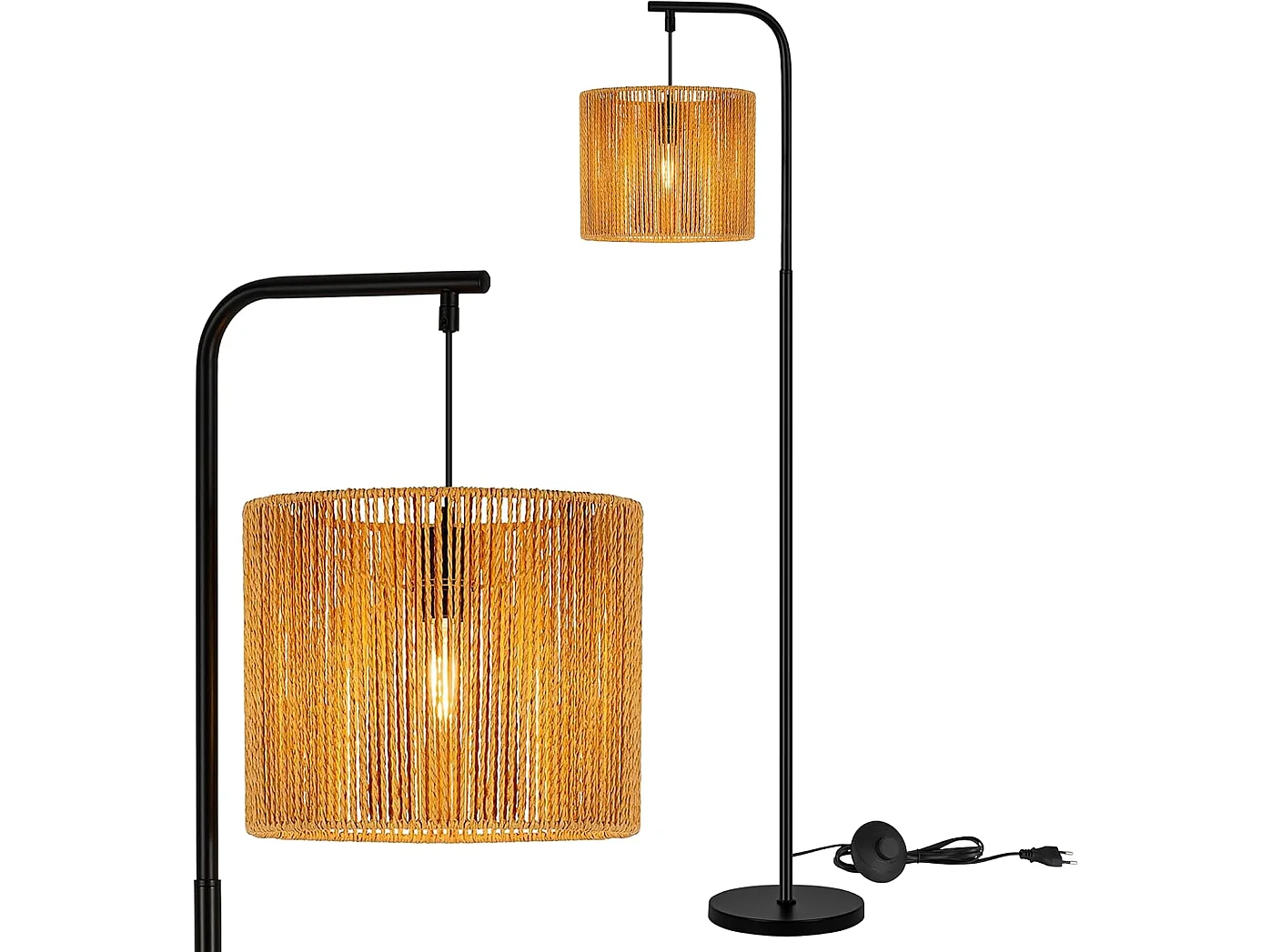 Lampa podłogowa Nettlife Boho Black Arc z kloszem linowym, trzonkiem vintage E27, przełącznikiem nożnym, 164 cm, do salonu, sypialni, patio, biura 5016437 - obrazek 1