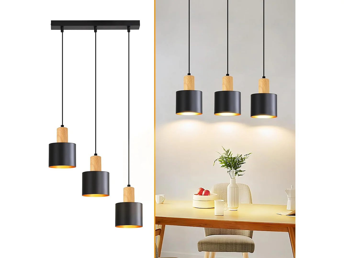 Lampa wisząca Nettlife Vintage Black E27 z trzema żarówkami, regulowana wysokość żyrandola do jadalni, lampa w stylu industrialnym do jadalni 5016471 - obrazek 1