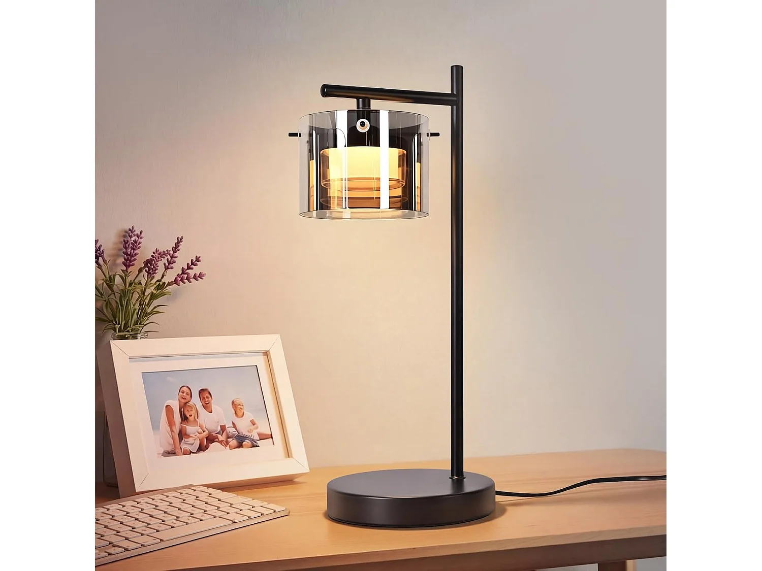 Lampa stołowa LED NETTLIFE z kablem, czarna lampka nocna ze szkła dymionego i metalu, nowoczesne, ciepłe światło do salonu, sypialni, biura, korytarza 5016488 - obrazek 1