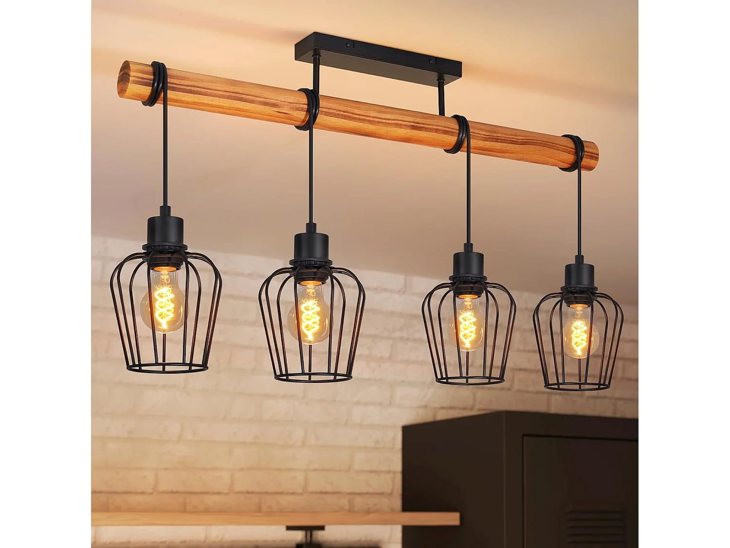 Lampa sufitowa Nettlife Vintage z drewna i czarnego metalu, w stylu industrialnym, z 4 żarówkami E27, do salonu, kuchni i jadalni (żarówki nie są dołączone) 5016497 - obrazek 1