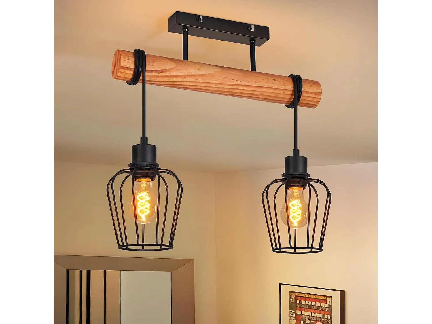 Lampa sufitowa Nettlife Vintage Wood and Black Metal, retro industrialna lampa sufitowa z 2 żarówkami E27 do przedpokoju, kuchni, salonu (żarówki nie są dołączone) 5016506 - obrazek 1