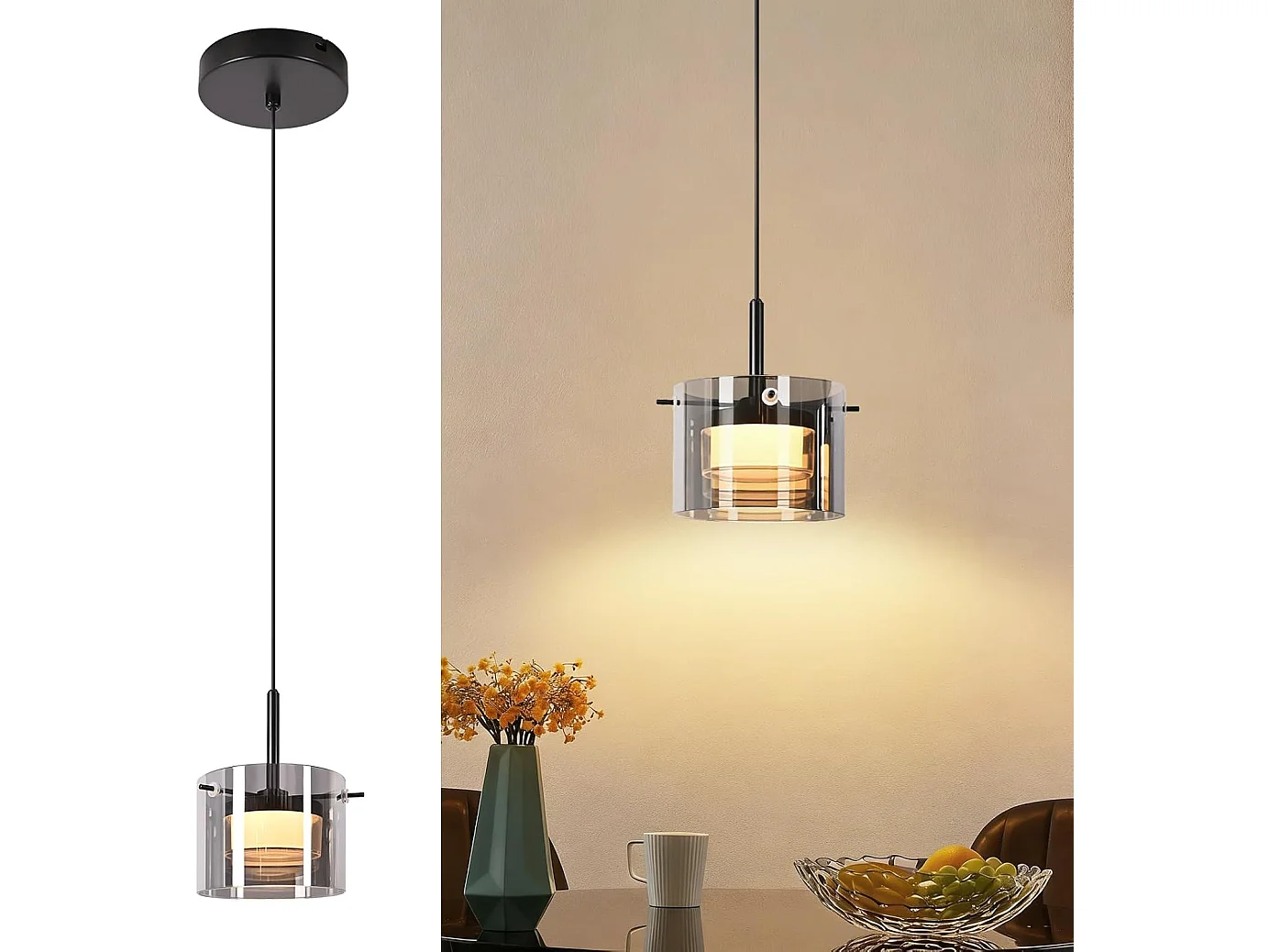 Lampa wisząca LED Nettlife 1-Light Glass, nowoczesny żyrandol z regulowaną wysokością (140 cm) do jadalni, salonu, kuchni, sypialni, przedpokoju 5016552 - obrazek 1