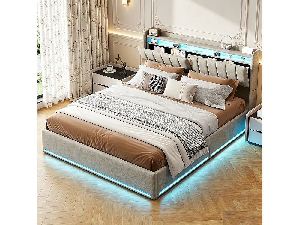 Łóżko Skrzyniowe 140x190 Szare Pikowane z LED RGB, Portami USB, Hydrauliczny Schowek i Zagłówkiem z Półkami – Styl Nowoczesny 4749909 - obrazek 1