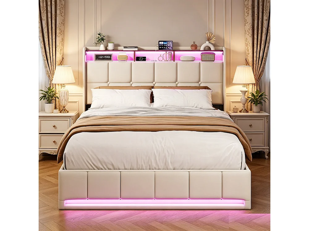 Łóżko podwójne 140x190 cm z lnu beżowe z przechowywaniem, oświetleniem LED RGB i portem USB, styl nowoczesny 4923164 - obrazek 1