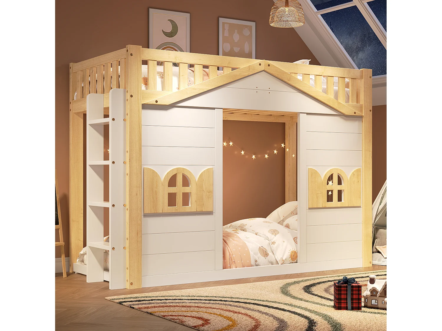 Łóżko piętrowe dziecięce 90x200 cm - Design z okienkiem - Wymienna drabinka - Lite drewno + MDF - Biały + naturalny (bez materaca) 5034445 - obrazek 1