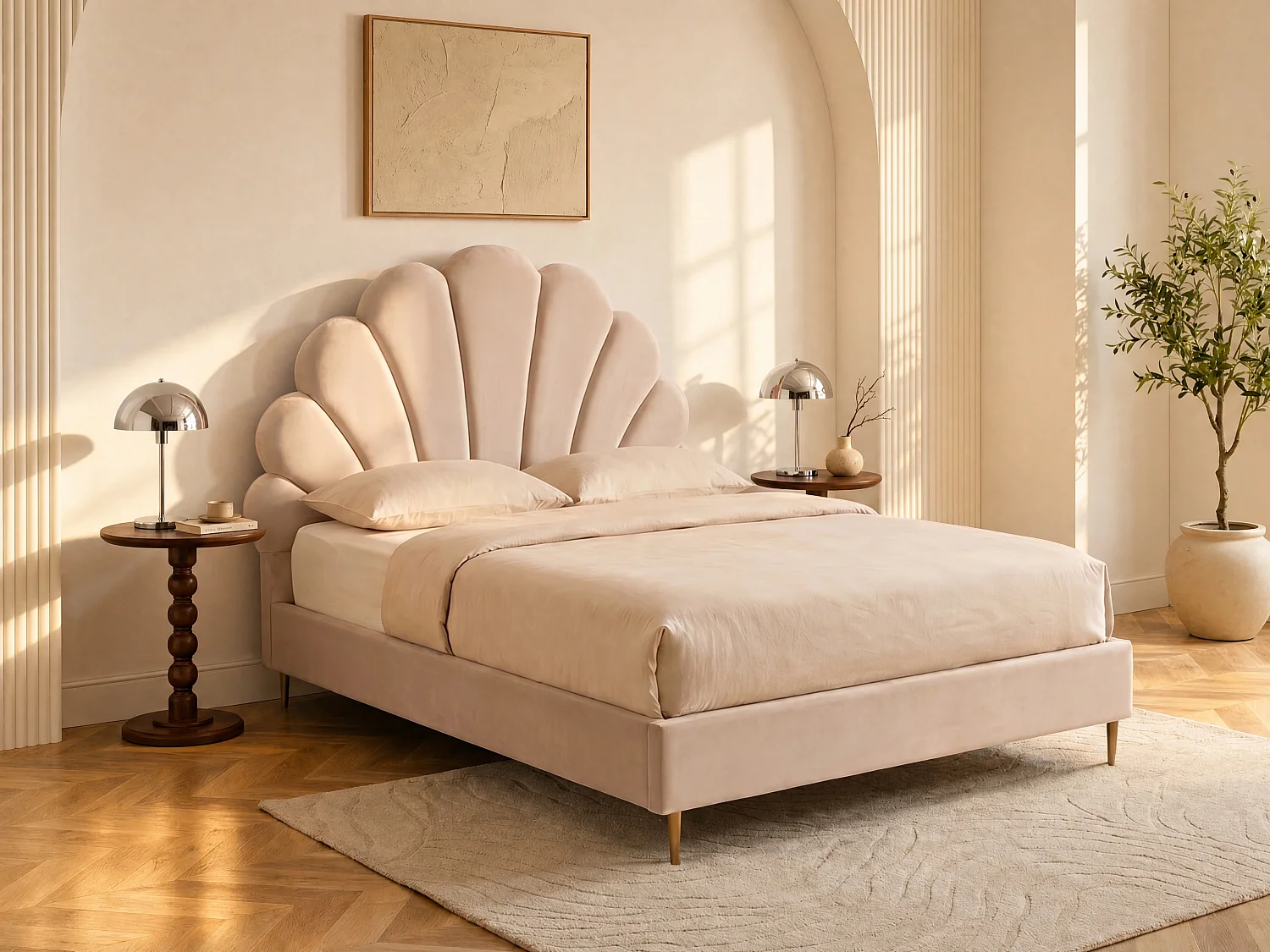 Łóżko w kształcie muszli 160 x 200 cm - Welur - Beige - LIVAYA 140399 - obrazek 1