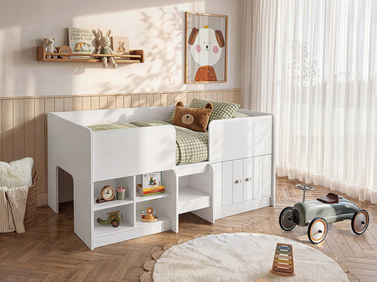 Łóżko podwyższone 90 x 190 cm ze skrzynią i - Biały + Materac - BOUTANIO 3480825 - obrazek 1