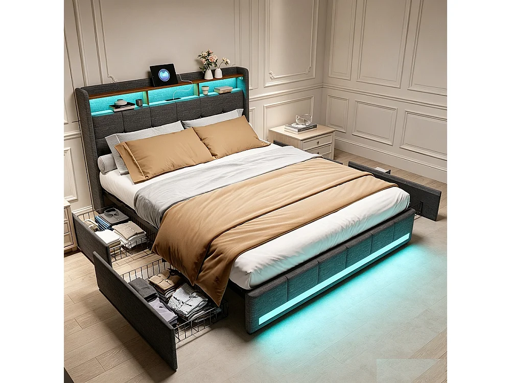 Łóżko podwójne 140x200 cm szare z szufladami, oświetleniem LED RGB 6000 kolorów i wbudowanymi portami USB, oddychająca tkanina lniana 4766249 - obrazek 1
