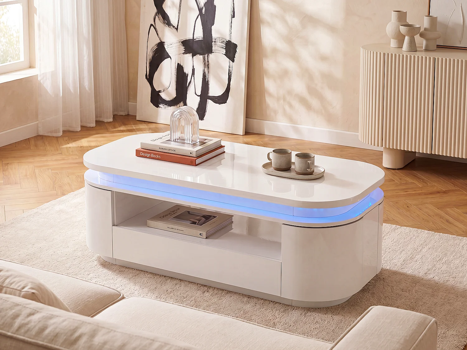 Ława 4-drzwiowa z 1 szufladą i oświetleniem LED – MDF – kolor biały lakierowany – VANDANA 129209