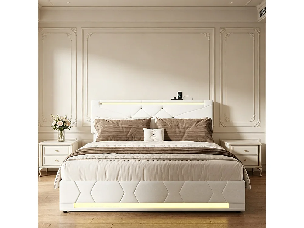Łóżko podwójne 160x200 cm beżowe z hydraulicznym schowkiem, LED RGB, regulowanym zagłówkiem i trwałą tkaniną lnianą 4914163 - obrazek 1