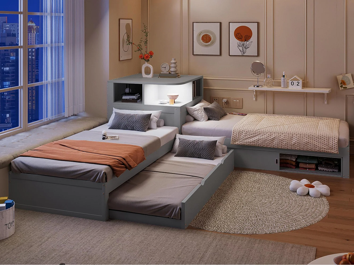 Łóżko podwójne w kształcie L 90x200 cm - łóżko wysuwane z wbudowanym schowkiem i drzwiami przesuwnymi - oświetlenie LED - MDF - Szary (bez materaca) 5043595 - obrazek 1