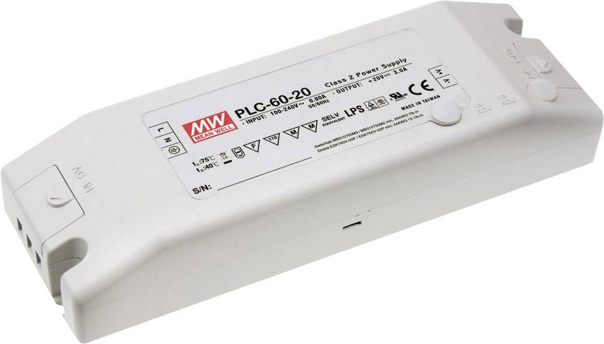 MEAN WELL PLC-60-20 Sterownik LED, Transformator LED Stałonapięciowy, Stałonaprądowy 60 W 3 A 20 V/DC nie nadaje się do - obrazek 1