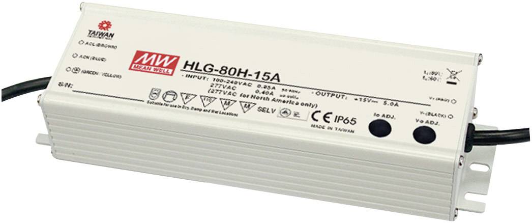 MEAN WELL HLG-80H-15A Sterownik LED, Transformator LED Stałonapięciowy, Stałonaprądowy 75 W 5 A 15 V/DC Układ PFC, Zabez - obrazek 1