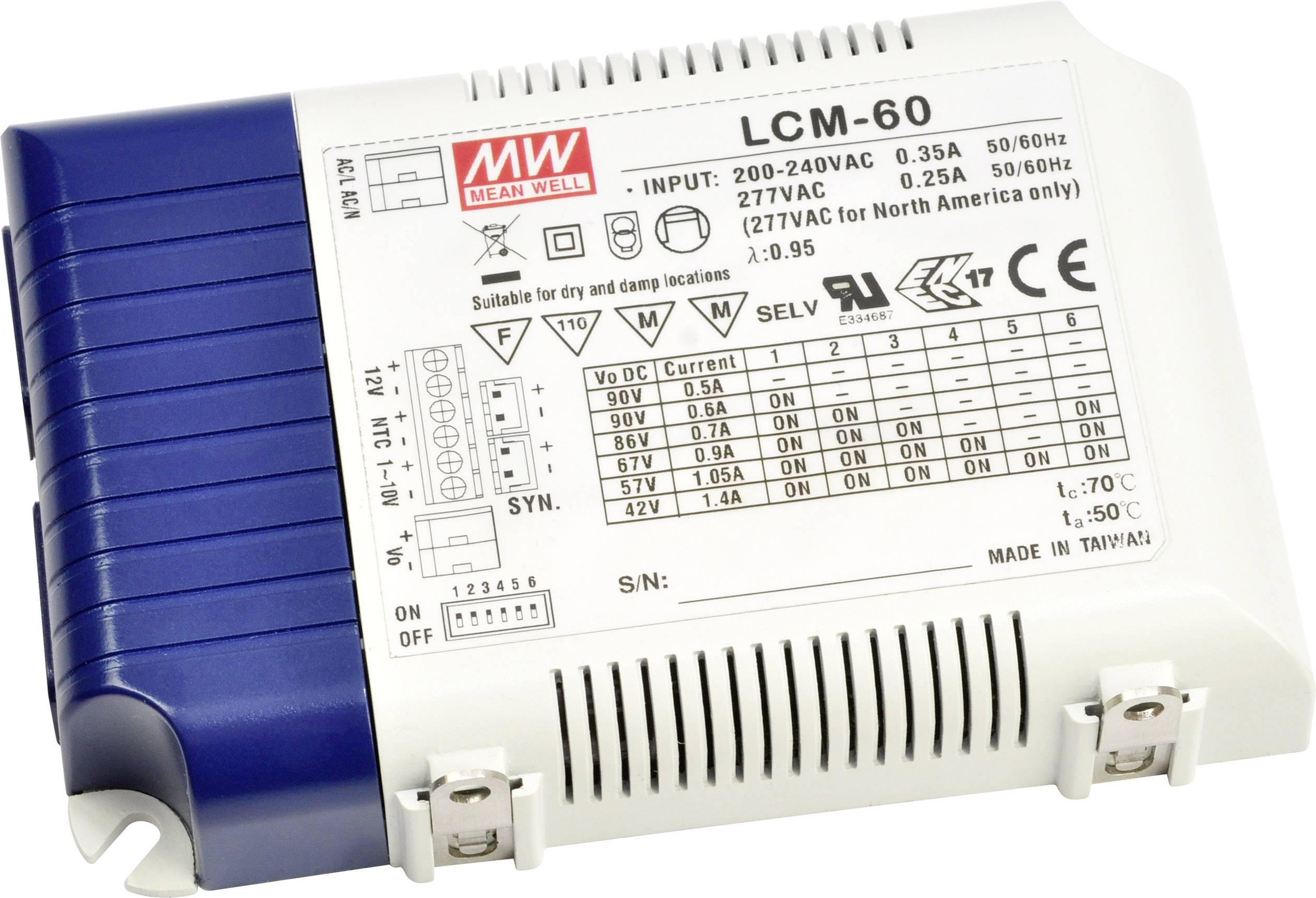 MEAN WELL LCM-60 Sterownik LED Stałonaprądowy 60 W 0.5 - 4.4 A 2 - 90 V/DC Układ PFC, Zabezpieczenie przed przeciążeniem - obrazek 1