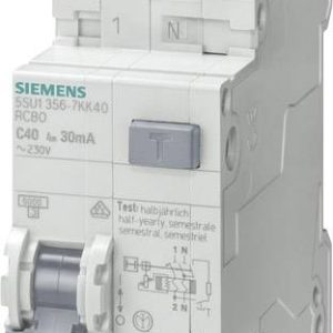 Wyłącznik różnicowoprądowy Siemens 5SU1356-7KK13, 1-biegunowy + N, C 13 A 0,03 Wyłącznik różnicowoprądowy Siemens 5SU1356-7KK13, 1-biegunowy + N, C 13 A 0,03
