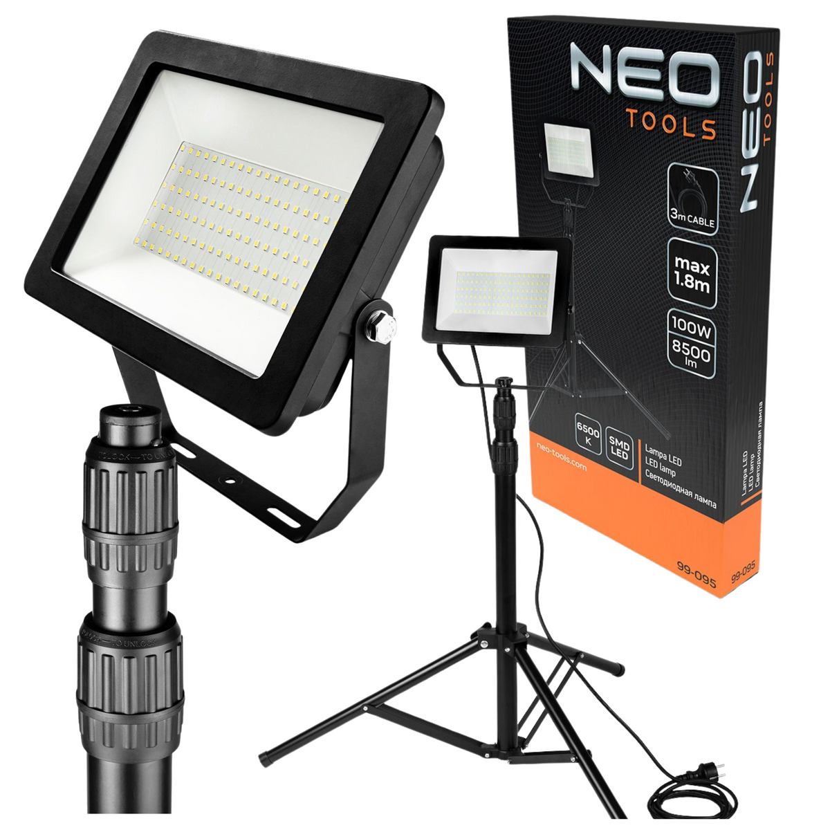 Reflektor pojedynczy NEO Tools 100W 8500LM na statywie 1.8m - obrazek 1